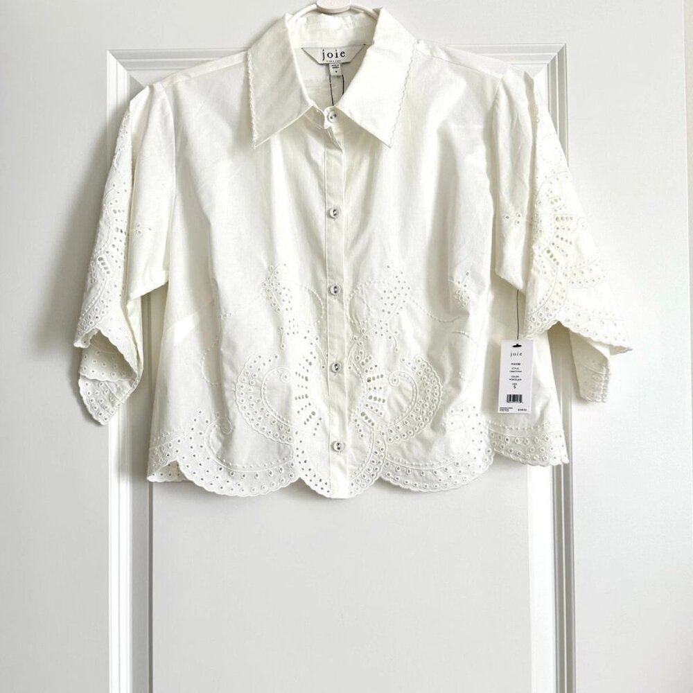 NWT JOIE Phoebe Short Sleeve Button Scalloped Eyelet Shirt in Porcelain Size S